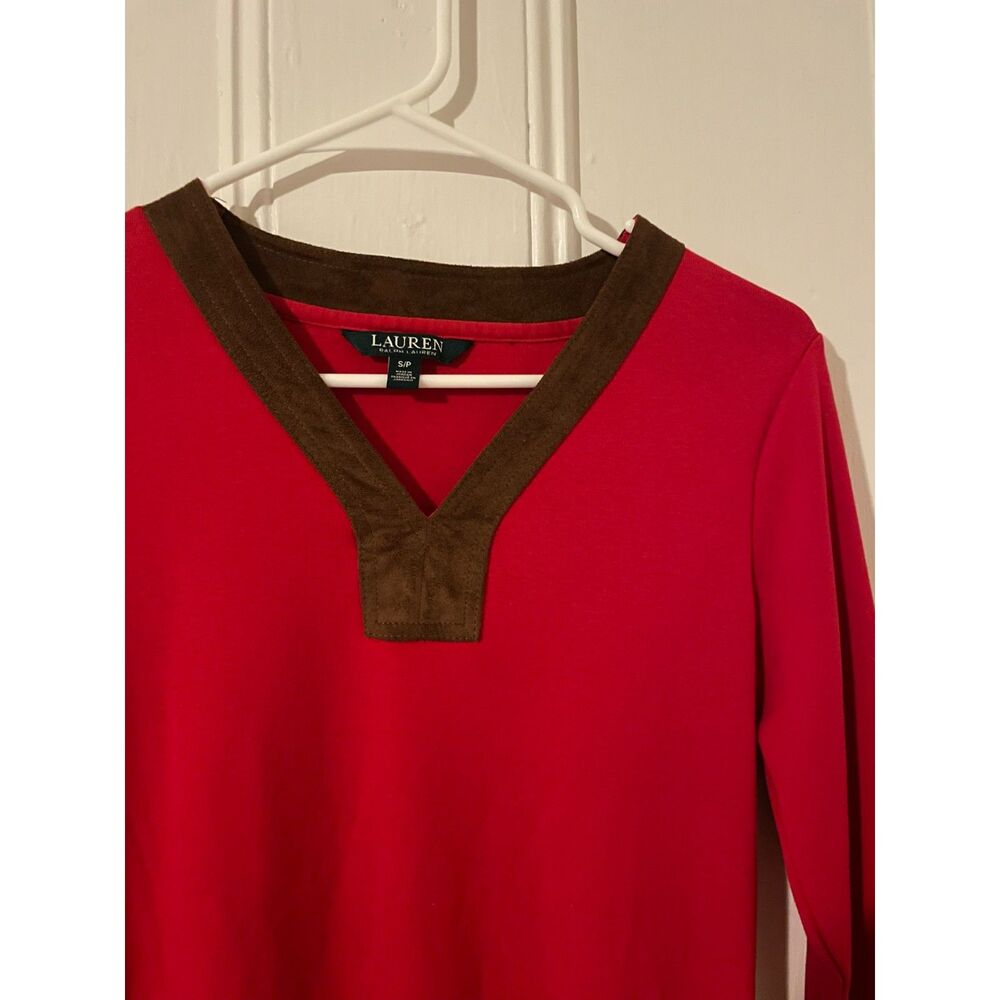 Lauren Ralph Lauren Red V-Neck Top with Brown Faux Suede Trim